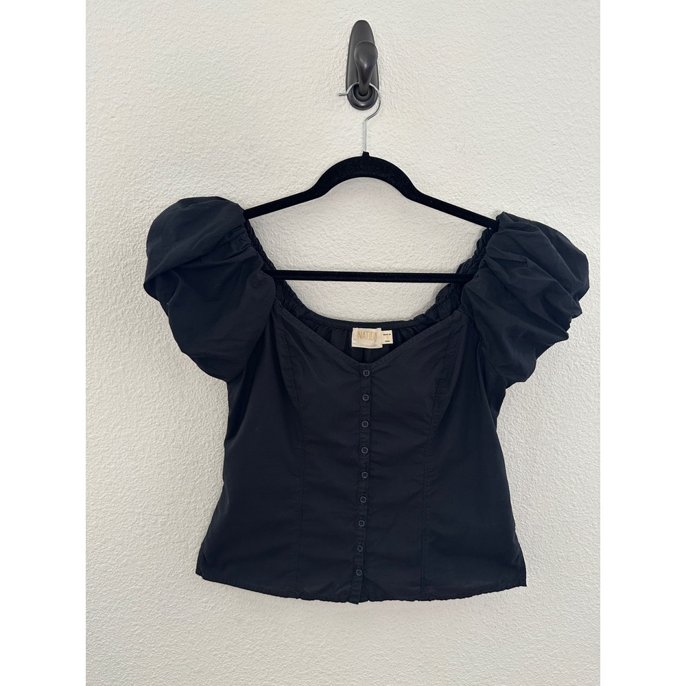 Nation LTD Black‎ Angel Bubble Sleeve Pima Cotton Button Front Top Boho Small